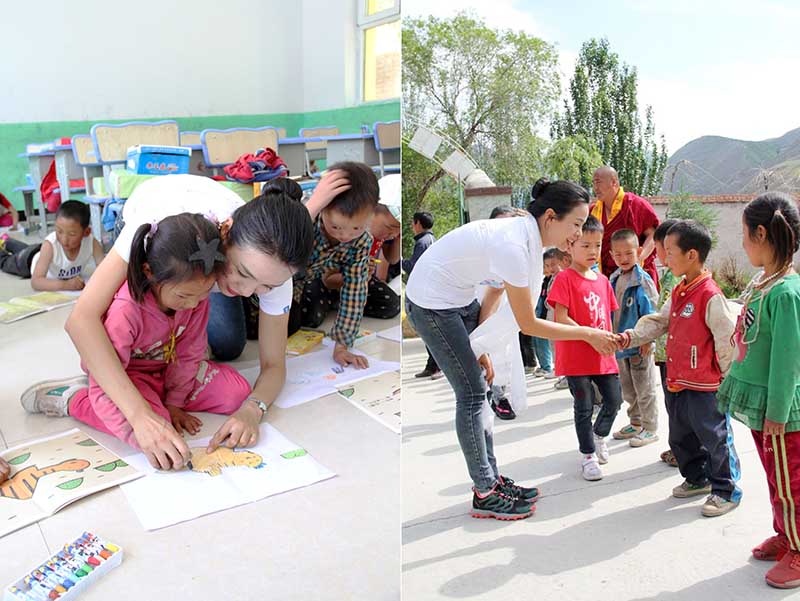 何俞萱老师和孩子们在一起