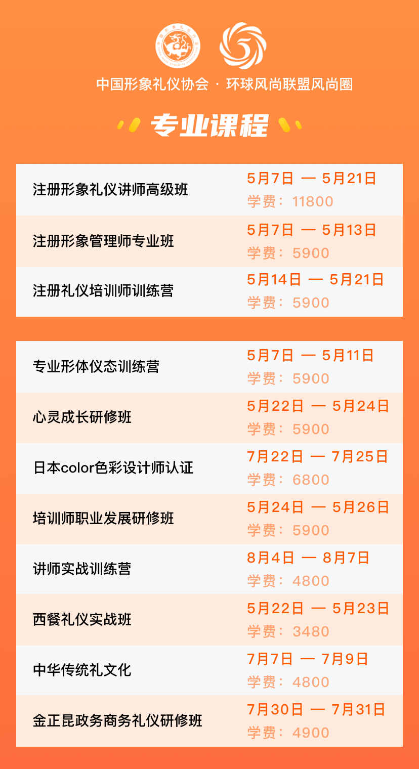 5月份形象礼仪讲师班开班时间表