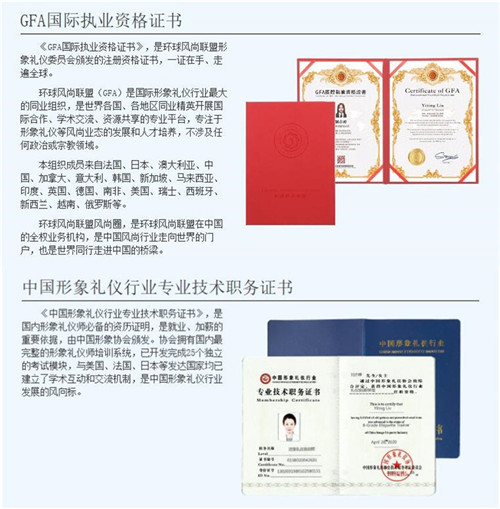 中国形象礼仪行业国际、国内权威证书（样本）